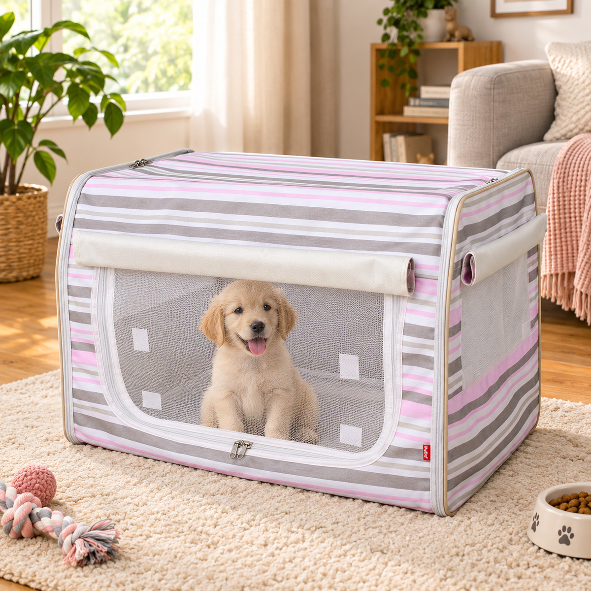 Foldable Striped Dog Crate