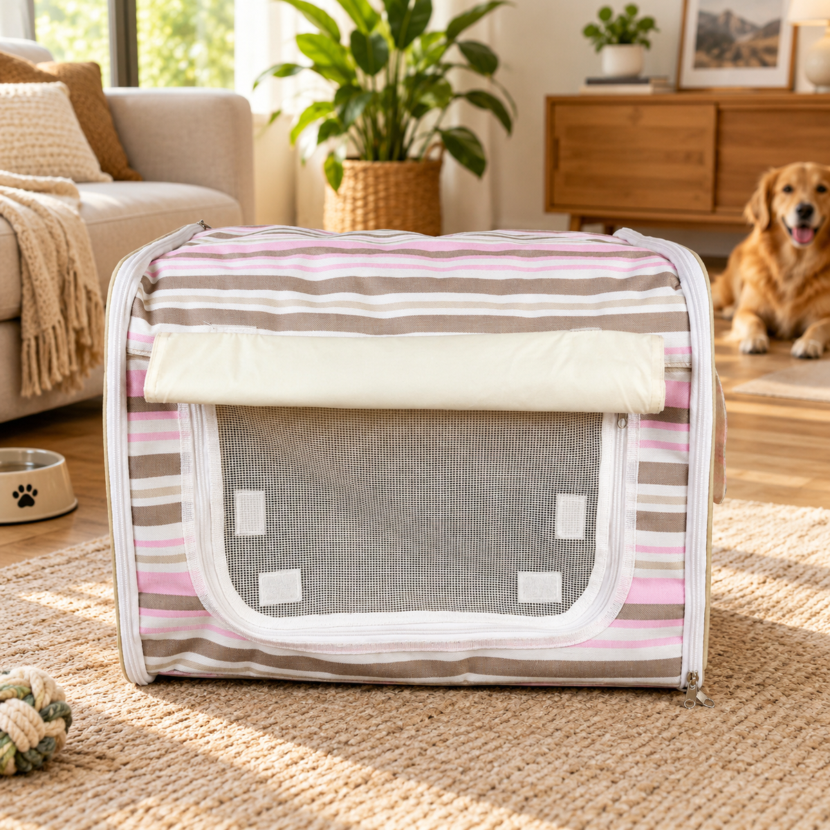 Foldable Striped Dog Crate